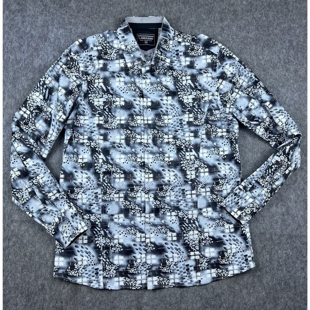 Lamasini Jeans Men's Button Down Shirt Black White Abstract Long Sleeve Size XL